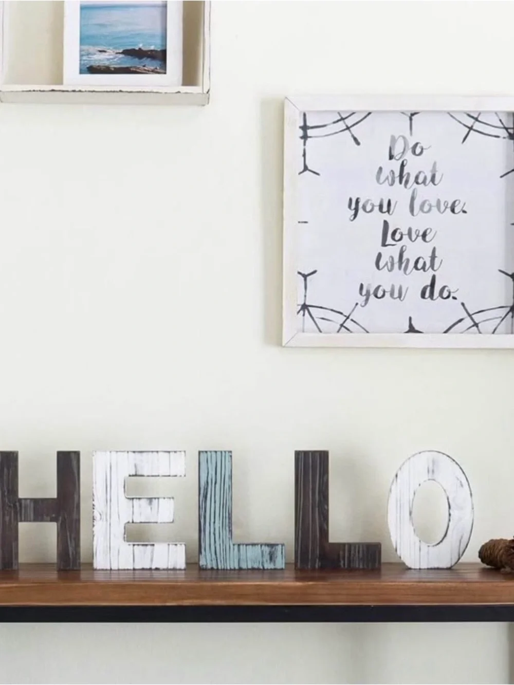 Rustic HELLO Wooden Letter Set in White, Brown & Light Blue